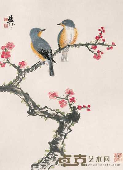 谢稚柳 桃枝双侣 镜心 52.5×38cm
